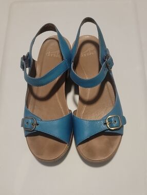 Dansko Teal Leather Slingback Sandals with Buckle Accents